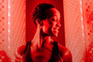 A woman smiling while receiving red light therapy treatment